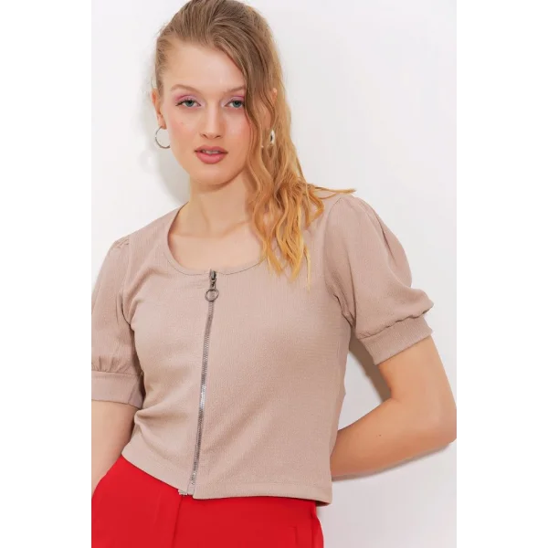 Bisküvi Fermuarlı Örme Bluz 4316