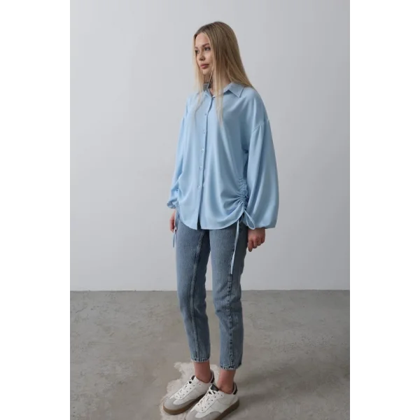 Biye Detaylı Ayrobin Gömlek - Mavi
