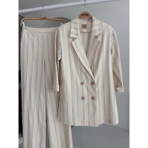 Blazer Ceketli Çizgili Keten Takım 10186