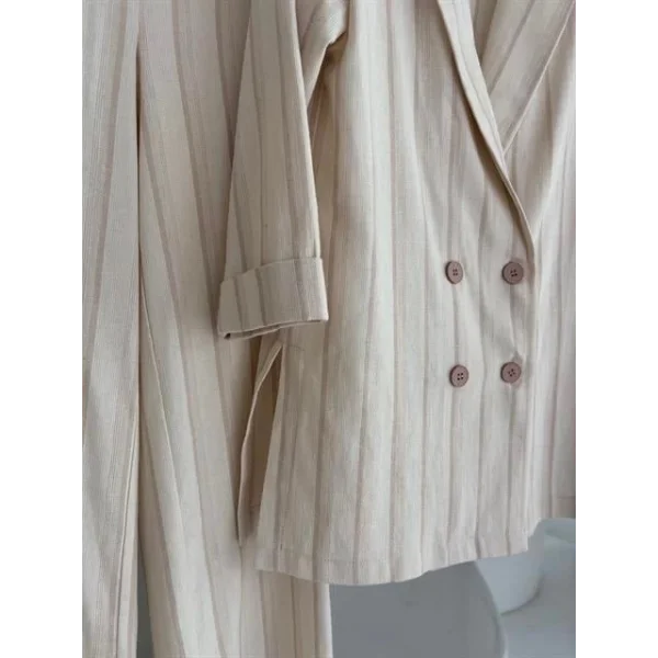 Blazer Ceketli Çizgili Keten Takım 10186