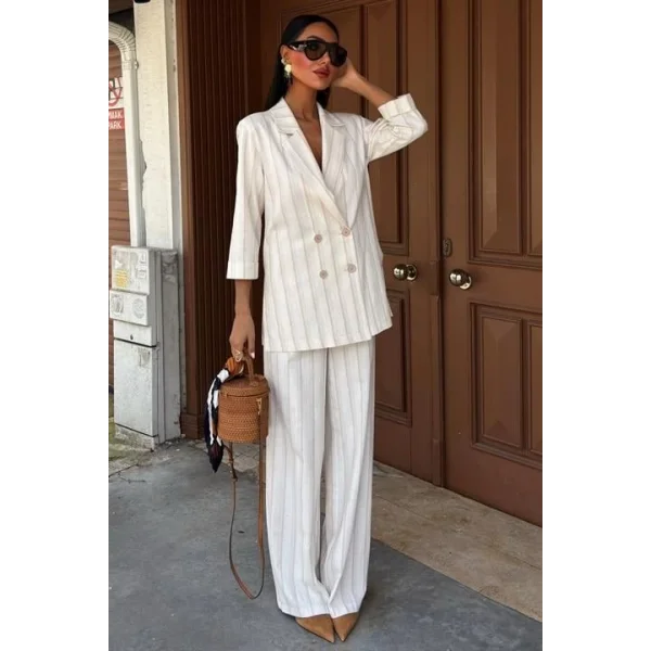 Blazer Ceketli Çizgili Keten Takım 10186