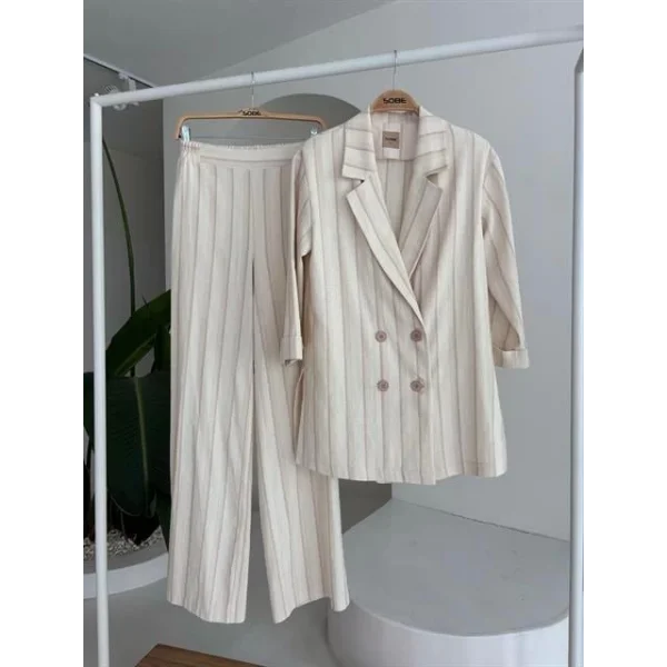 Blazer Ceketli Çizgili Keten Takım 10186