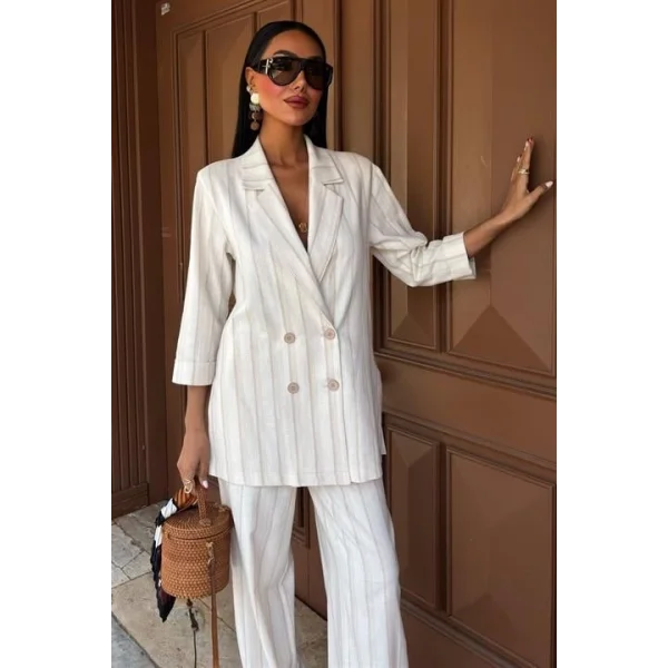 Blazer Ceketli Çizgili Keten Takım 10186