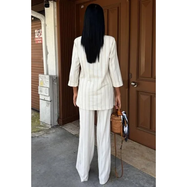 Blazer Ceketli Çizgili Keten Takım 10186