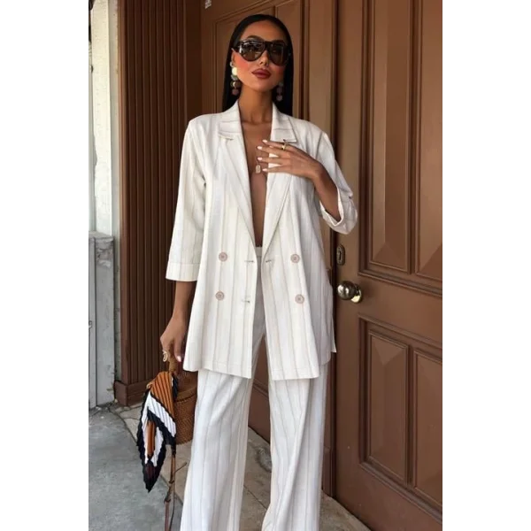 Blazer Ceketli Çizgili Keten Takım 10186