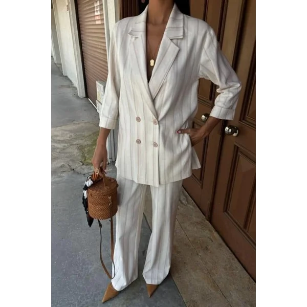 Blazer Ceketli Çizgili Keten Takım 10186