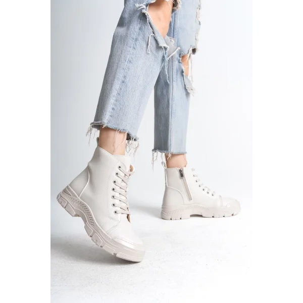 BLOOM Bağcıklı Fermuarlı Ortopedik Taban Kadın Bot  CKT - Krem