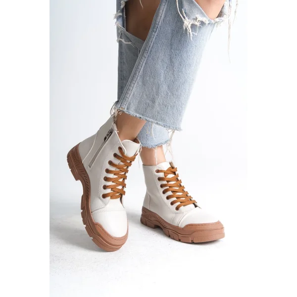 BLOOM Bağcıklı Fermuarlı Ortopedik Taban Kadın Bot  CTT - Krem