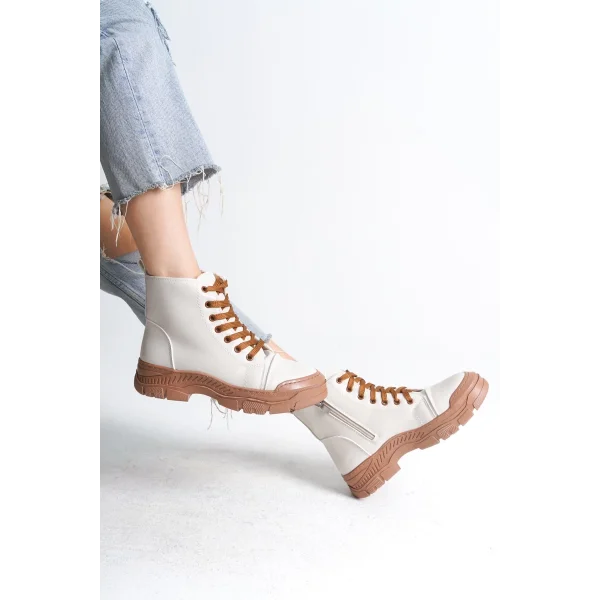 BLOOM Bağcıklı Fermuarlı Ortopedik Taban Kadın Bot  CTT - Krem