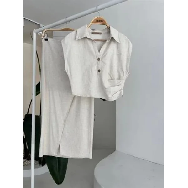 Bluzu Büzgülü Ve Eteği Tokalı Keten Takım 10204