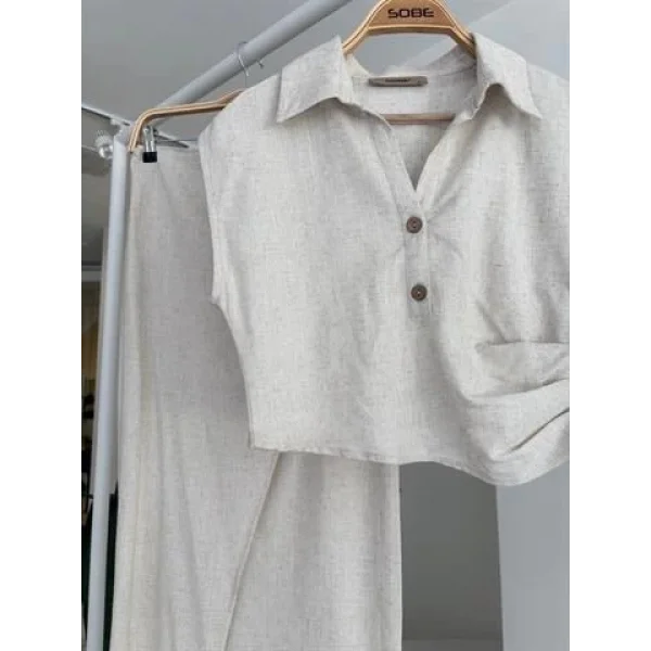 Bluzu Büzgülü Ve Eteği Tokalı Keten Takım 10204