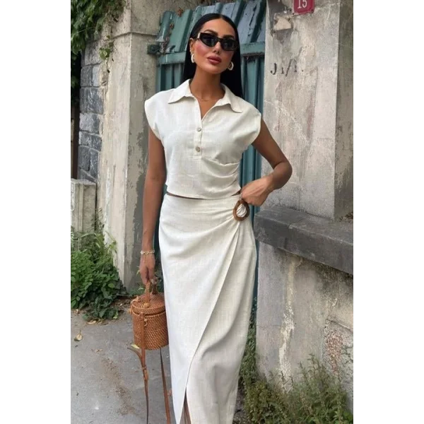 Bluzu Büzgülü Ve Eteği Tokalı Keten Takım 10204