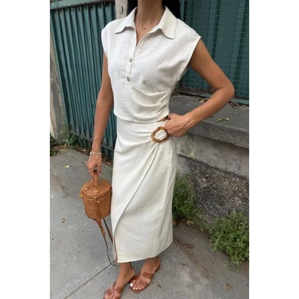 Bluzu Büzgülü Ve Eteği Tokalı Keten Takım 10204