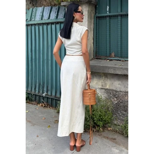 Bluzu Büzgülü Ve Eteği Tokalı Keten Takım 10204