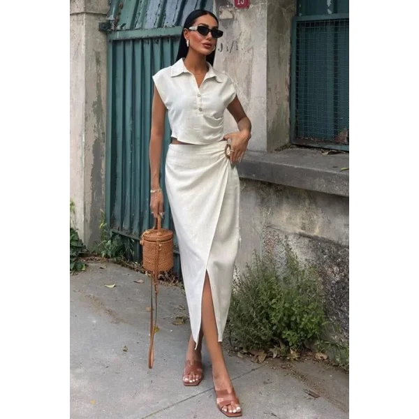 Bluzu Büzgülü Ve Eteği Tokalı Keten Takım 10204