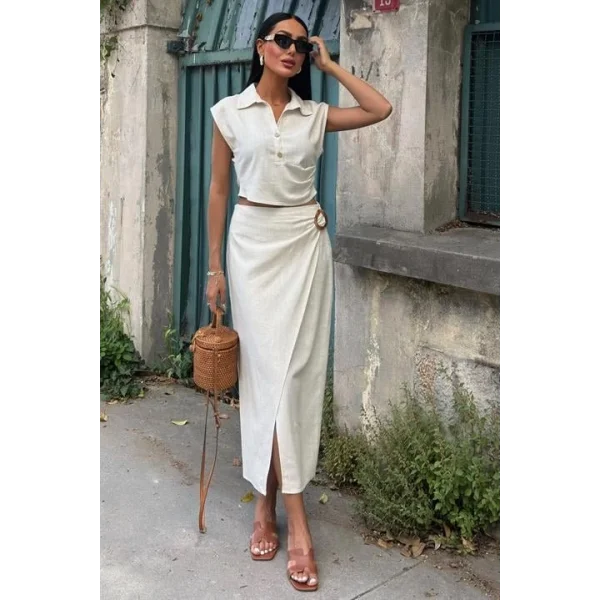 Bluzu Büzgülü Ve Eteği Tokalı Keten Takım 10204