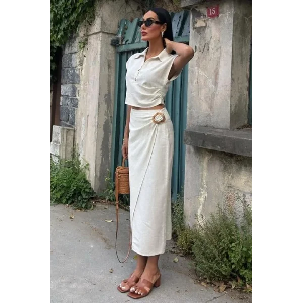 Bluzu Büzgülü Ve Eteği Tokalı Keten Takım 10204