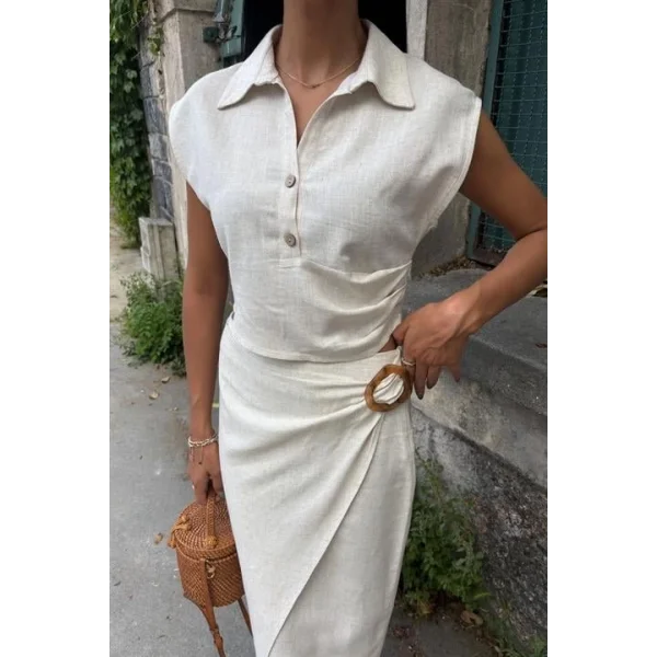 Bluzu Büzgülü Ve Eteği Tokalı Keten Takım 10204