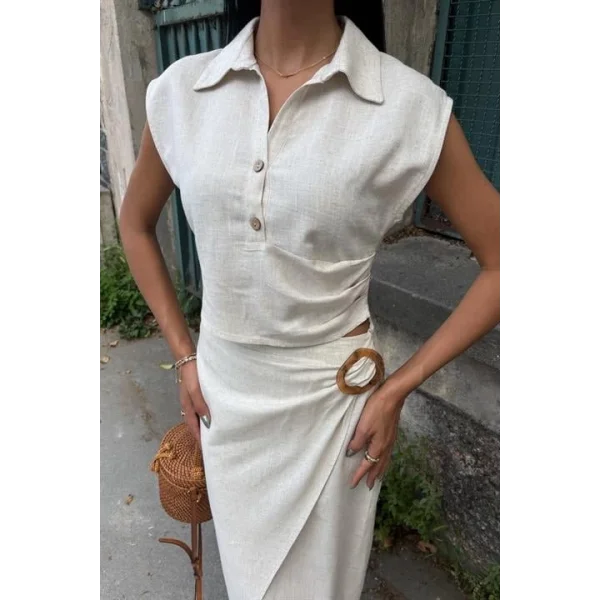 Bluzu Büzgülü Ve Eteği Tokalı Keten Takım 10204