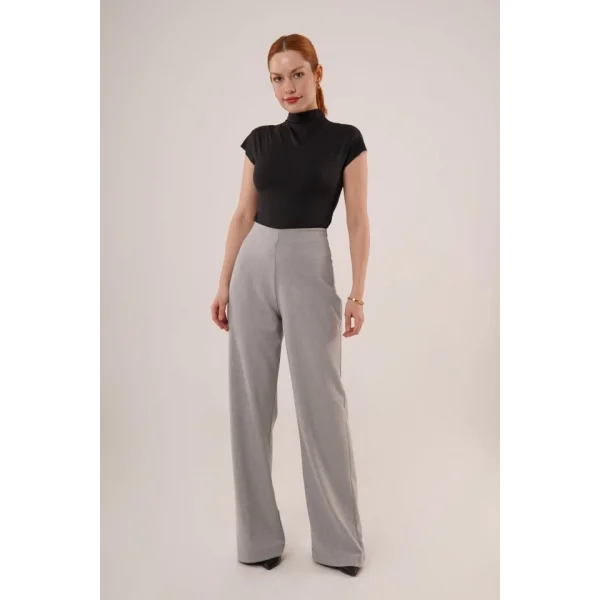 Bol Paça Yandan Fermuarlı Gri Kumaş Pantolon