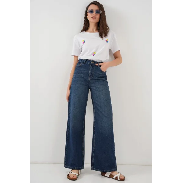 Bol Paça Yüksek Bel Palazzo Kot Pantolon 6656  B.Lacivert