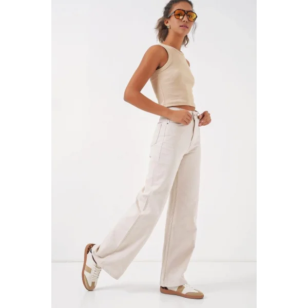 Bol Paça Yüksek Bel Palazzo Kot Pantolon 6656  Ekru