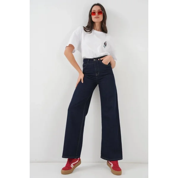 Bol Paça Yüksek Bel Palazzo Kot Pantolon 6656  K. Lacivert