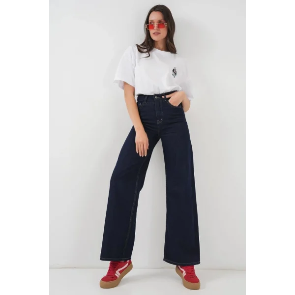Bol Paça Yüksek Bel Palazzo Kot Pantolon 6656  K. Lacivert