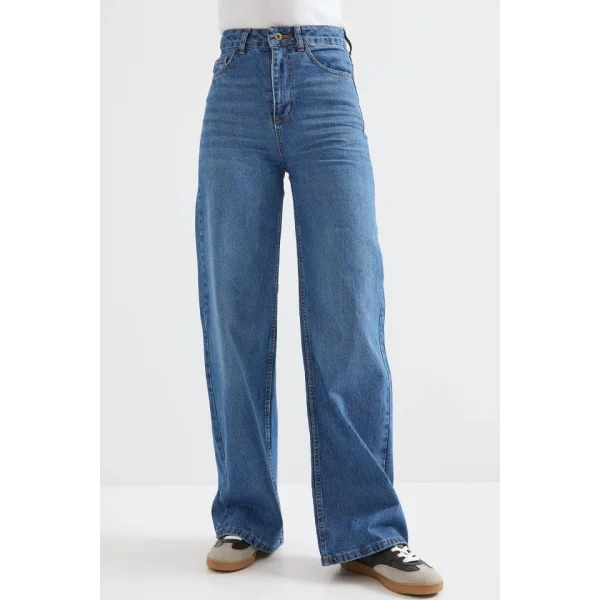 Bol Paça Yüksek Bel Palazzo Kot Pantolon 6656  Lacivert