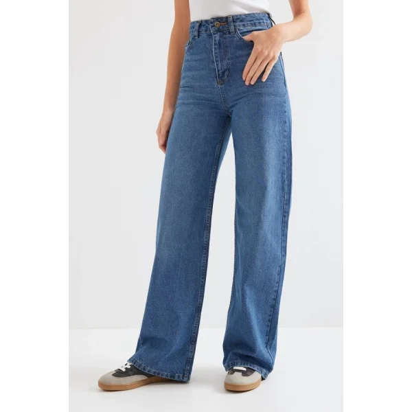 Bol Paça Yüksek Bel Palazzo Kot Pantolon 6656  Lacivert