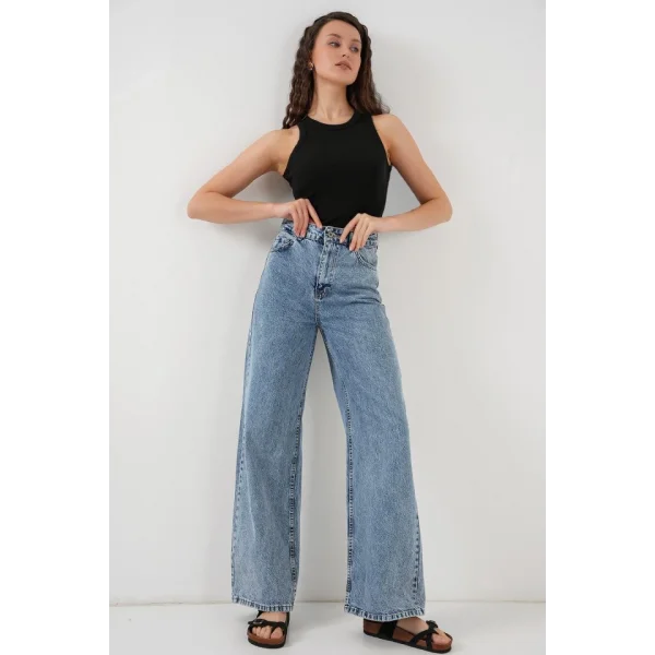 Bol Paça Yüksek Bel Palazzo Kot Pantolon 6656  Mavi