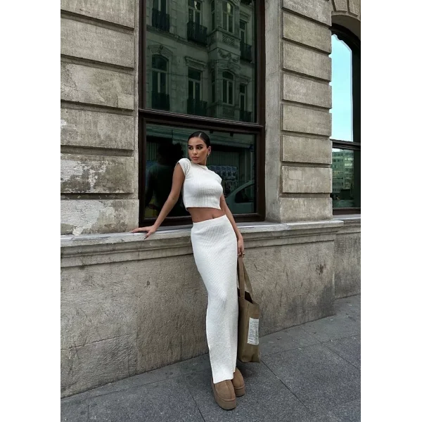 Bolerolu Boğazlı Uzun Elbise 2 Li Triko Takım - Beyaz