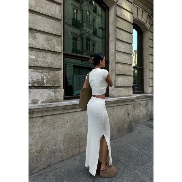 Bolerolu Boğazlı Uzun Elbise 2 Li Triko Takım - Beyaz