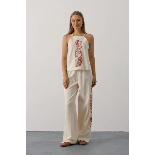 Boncuk İşlemeli Askılı Pantolon Takım - Natür