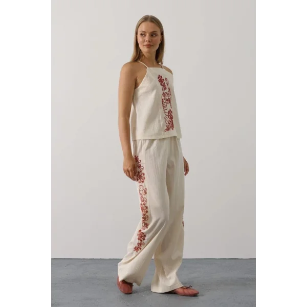 Boncuk İşlemeli Askılı Pantolon Takım - Natür