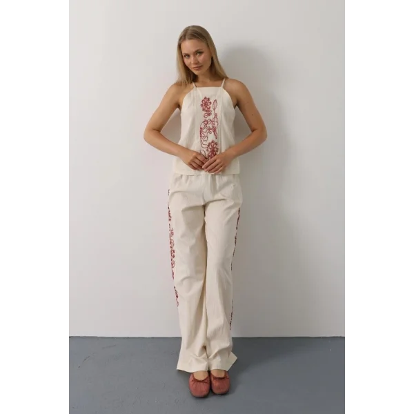 Boncuk İşlemeli Askılı Pantolon Takım - Natür