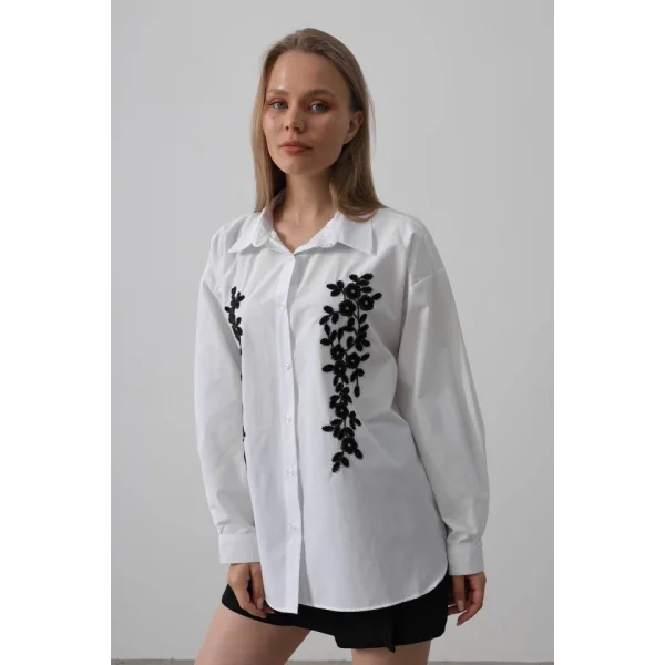 Boncuk Nakış Detaylı Uzun Gömlek - Beyaz