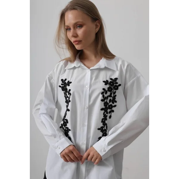 Boncuk Nakış Detaylı Uzun Gömlek - Beyaz