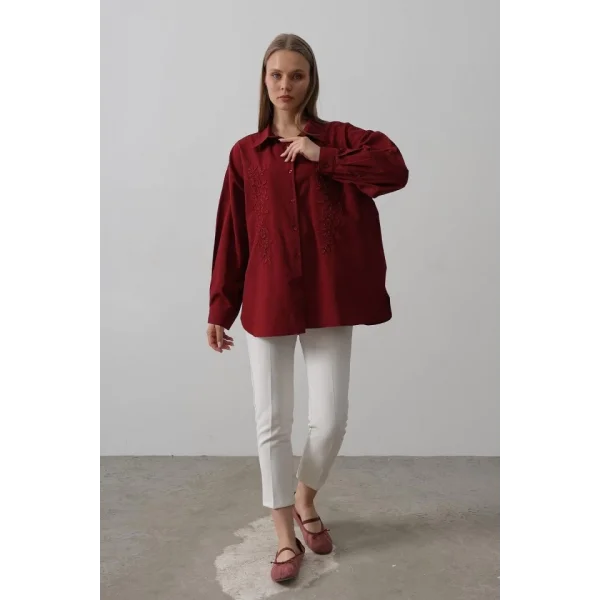 Boncuk Nakış Detaylı Uzun Gömlek - Bordo