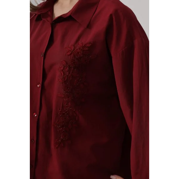Boncuk Nakış Detaylı Uzun Gömlek - Bordo