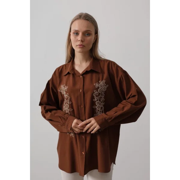 Boncuk Nakış Detaylı Uzun Gömlek - Kahve
