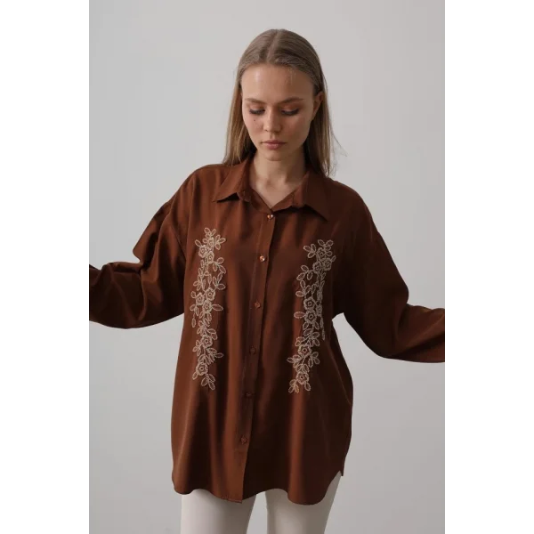 Boncuk Nakış Detaylı Uzun Gömlek - Kahve