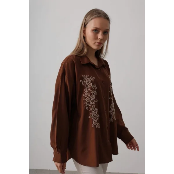Boncuk Nakış Detaylı Uzun Gömlek - Kahve