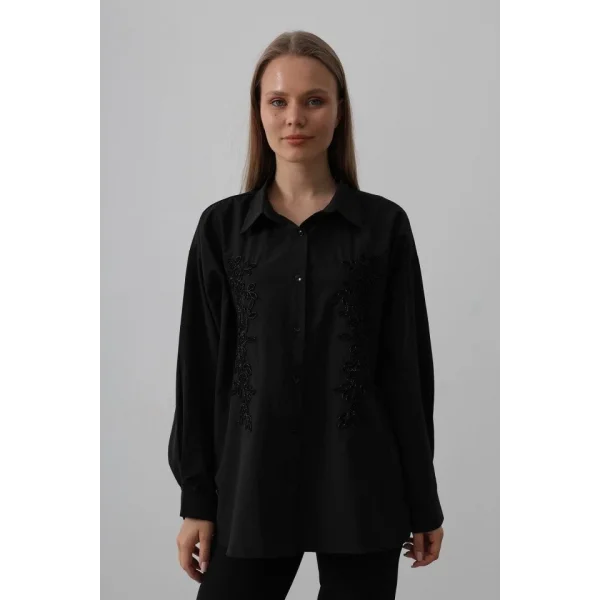 Boncuk Nakış Detaylı Uzun Gömlek - Siyah