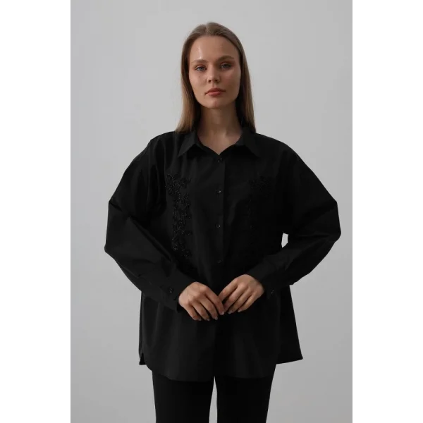 Boncuk Nakış Detaylı Uzun Gömlek - Siyah