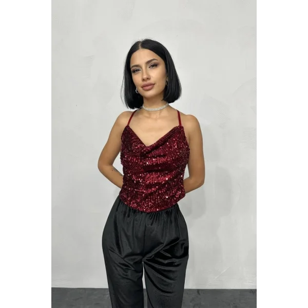 Bordo Askılı Degaje Bluz