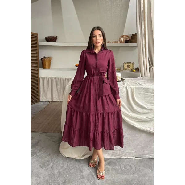 Bordo Çizgi Desenli Uzun Elbise