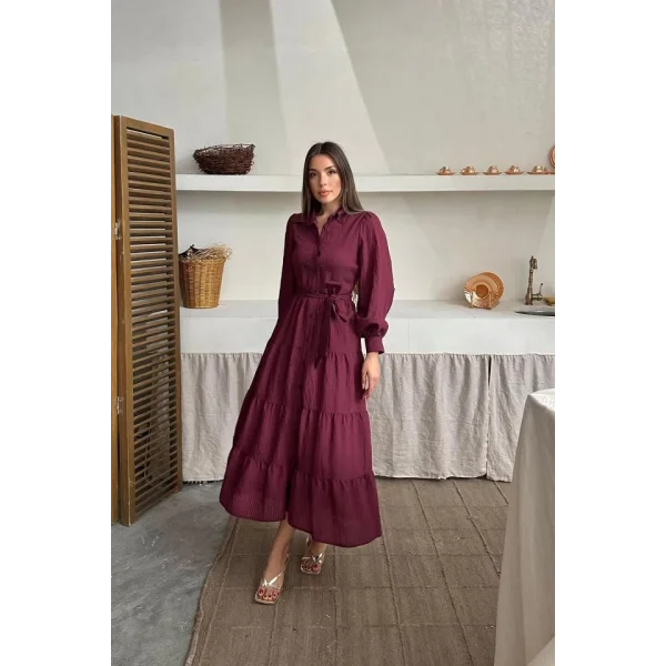 Bordo Çizgi Desenli Uzun Elbise