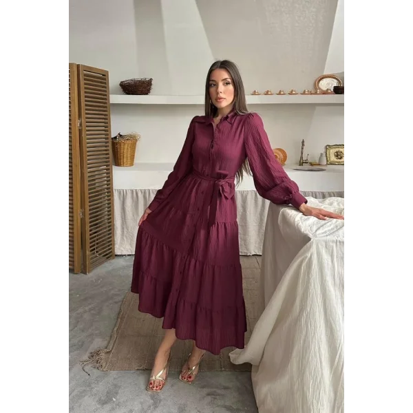 Bordo Çizgi Desenli Uzun Elbise