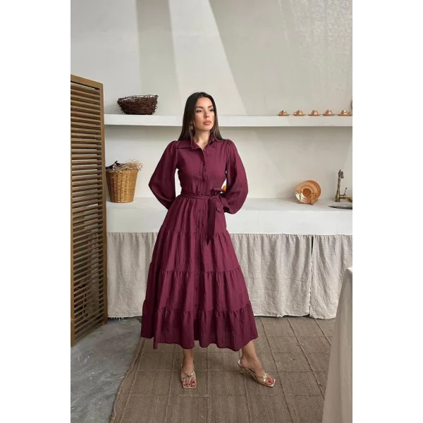 Bordo Çizgi Desenli Uzun Elbise